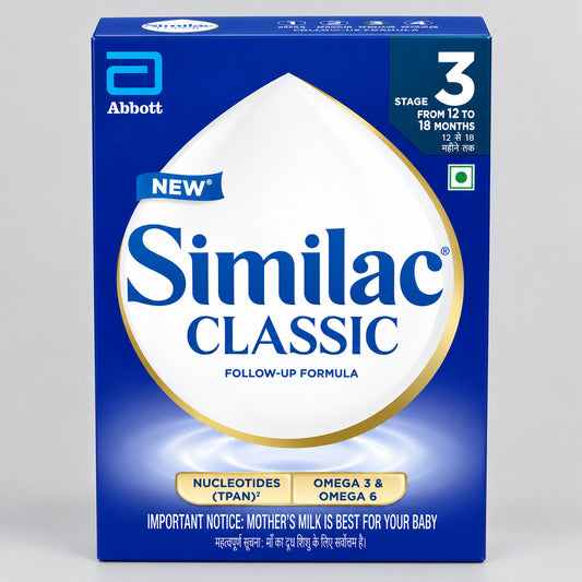A box of Similac Classic Stage 3 Follow-Up Formula by Abbott, featuring a deep blue packaging design with a large white teardrop shape, gold accents, and product details in English and Hindi.
