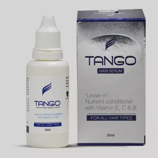 Tango hair serum bottle and packaging on a gray background