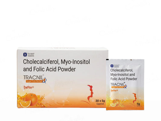 Box and packet of Cholecalciferol, Myo-Inositol and Folic Acid Powder with branding on a white background