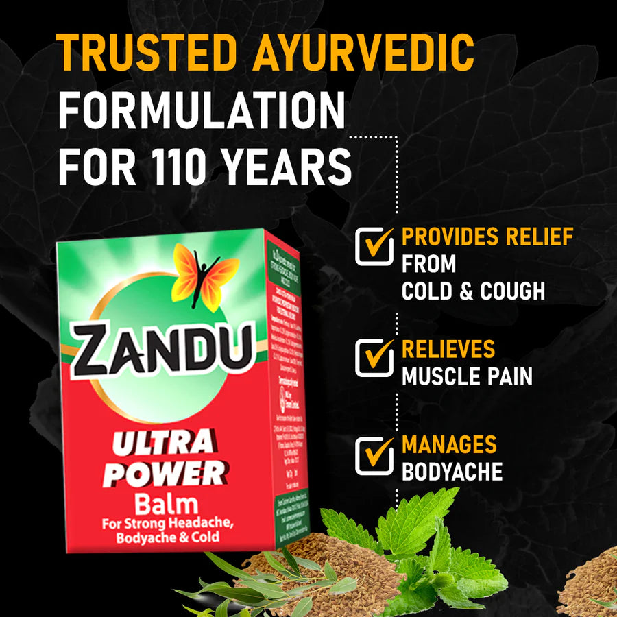 Zandu Ultra Power Balm packaging with Ayurvedic formulation text on a dark background