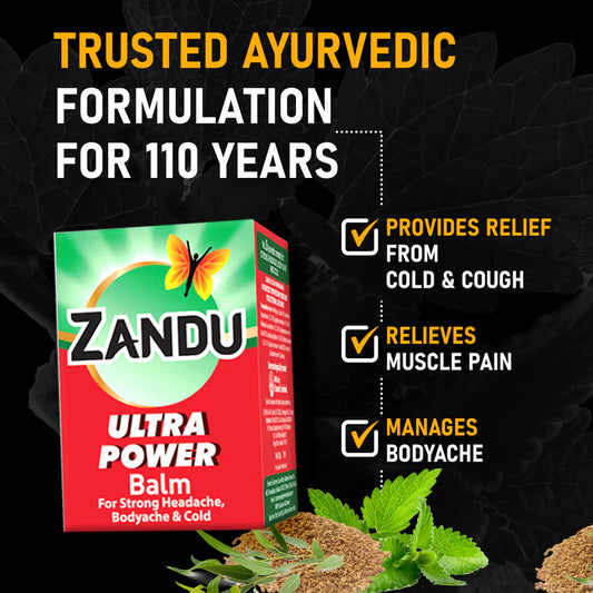 Zandu Ultra Power Balm packaging with Ayurvedic formulation text on a dark background