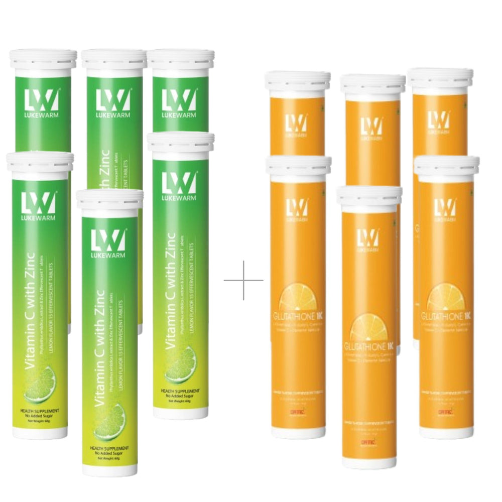 Lukewarm Glutathione 1K Orange Flavour Effervescent with Lukewarm Vitamin C with Zinc Effervescent (Pack of 6)