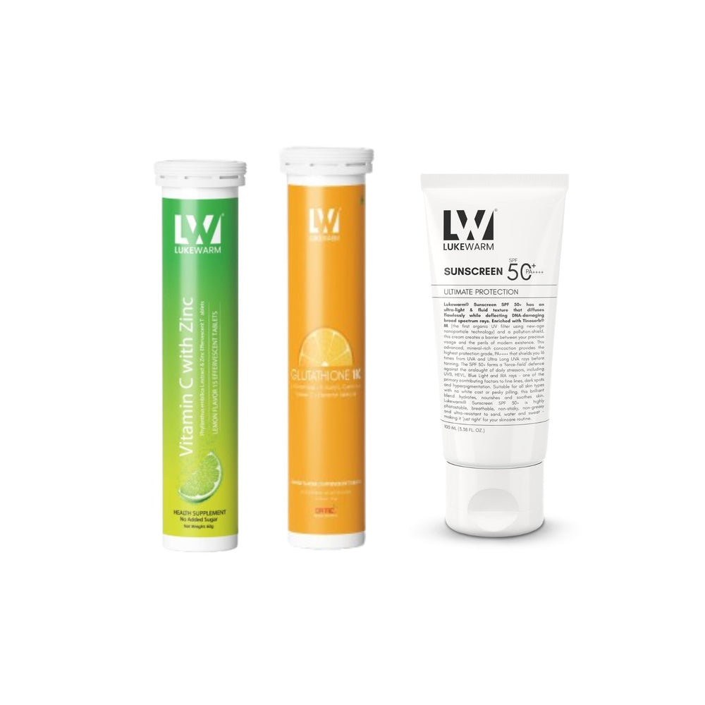 Lukewarm Glutathione 1K Orange Flavour with Lukewarm Vitamin C with Zinc Effervescent + Lukewarm Sunscreen, 100ml