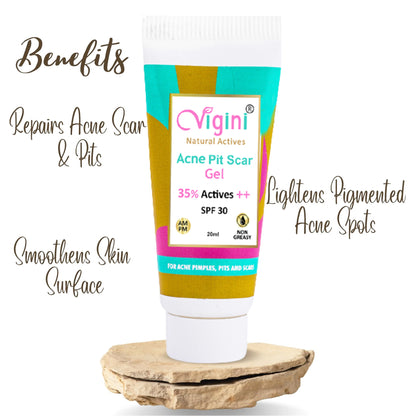 Vigini 35% Actives Anti Acne Pits Scar Spot Stop Face Gel Oily Prone Skin SPF 30, 20ml
