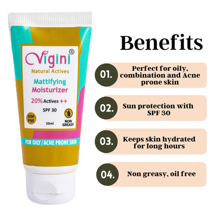 Vigini 20% Actives Acne Prone Skin Mattifying Face Moisturizer SPF 30, 50ml