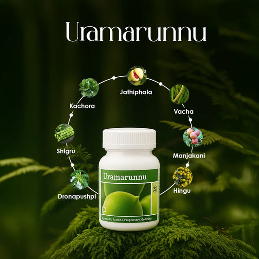 Uramarunnu supplement bottle with herbal elements on a green background