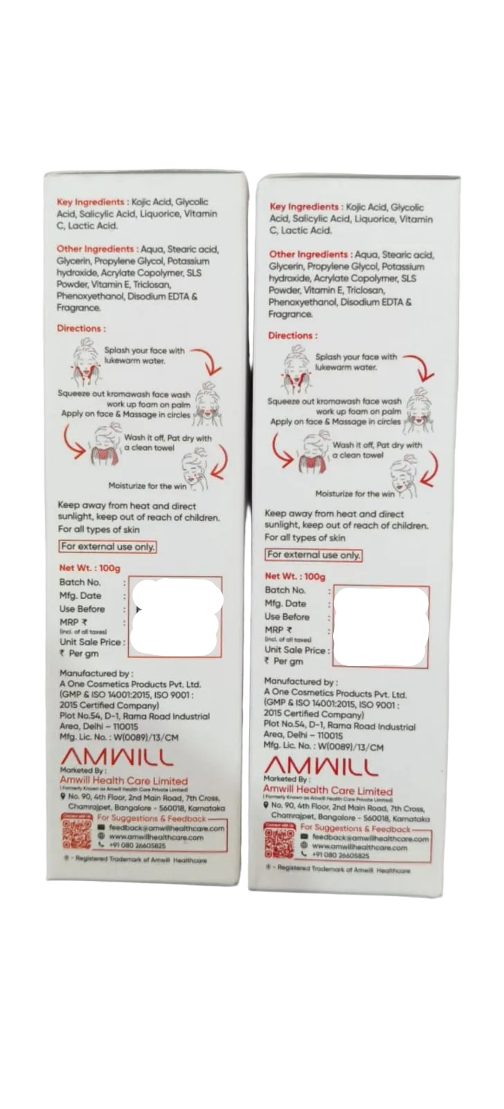 Two AMWILL product boxes with text and graphics on a white background