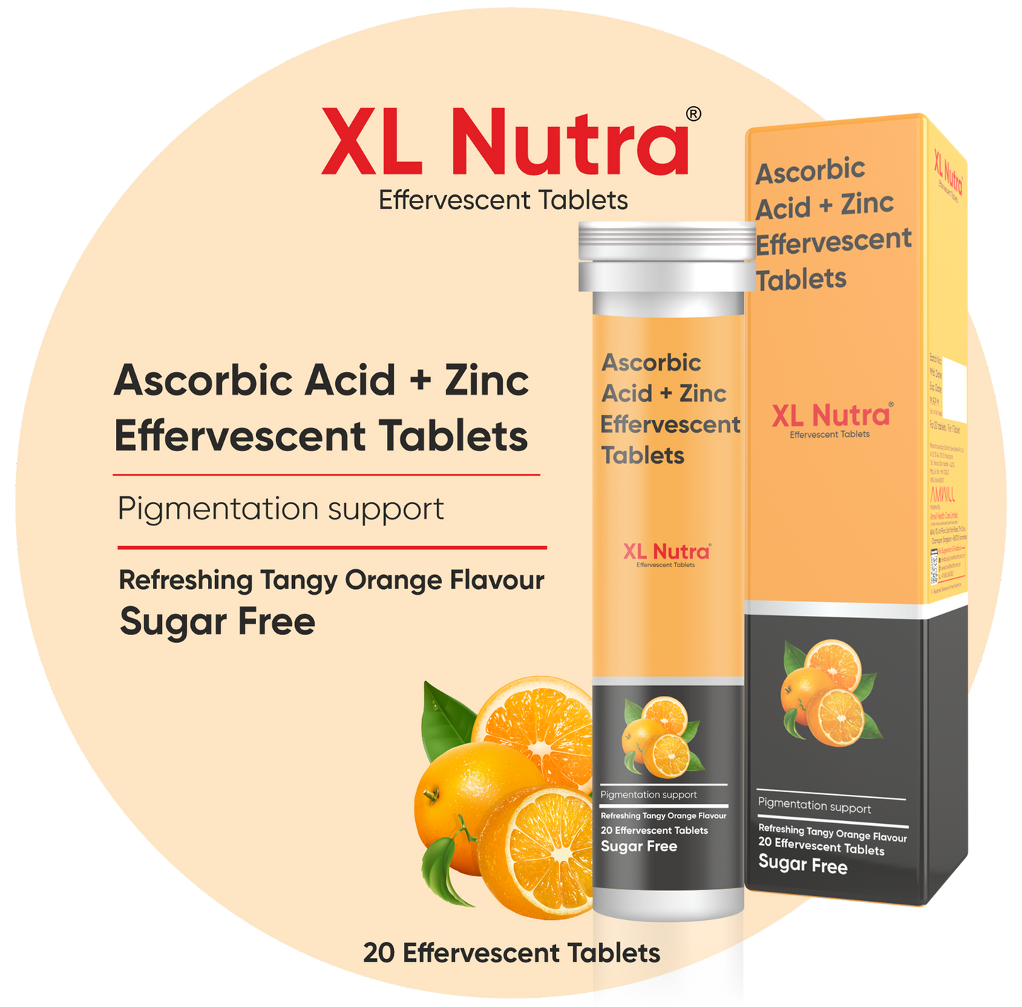 XL Nutra Ascorbic Acid + Zinc Effervescent Tablets packaging with orange flavor description.
