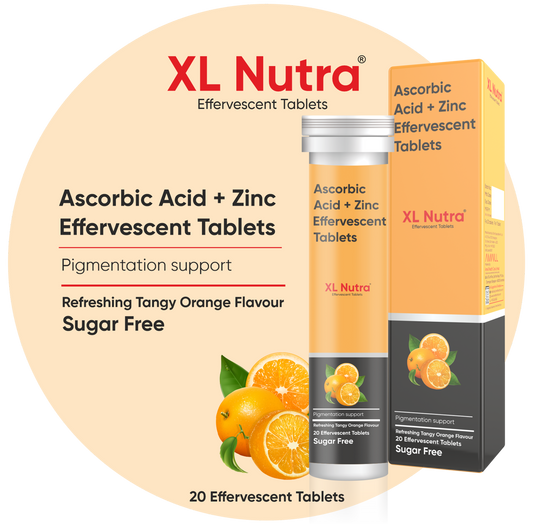 XL Nutra Ascorbic Acid + Zinc Effervescent Tablets packaging with orange flavor description.
