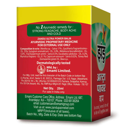 Zandu Ultra Power Balm packaging with red and yellow design on a white background