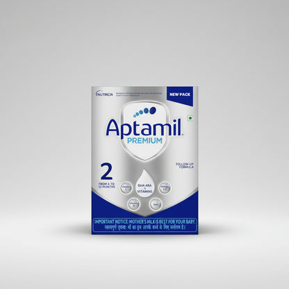 Aptamil Premium Stage 2 Follow-Up Formula powder package, 2 kg pack, featuring a white and blue design with product details and Nutricia branding.