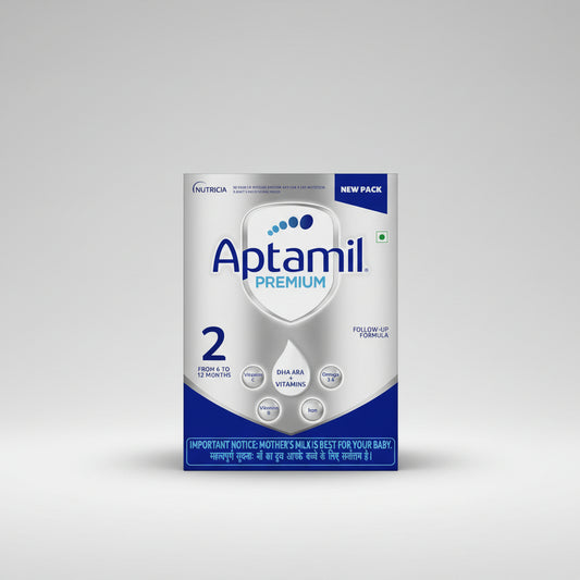 Aptamil Premium Stage 2 Follow-Up Formula powder package, 2 kg pack, featuring a white and blue design with product details and Nutricia branding.