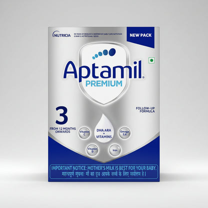 Aptamil Premium Stage 3 Follow-Up Formula powder box, 1 kg pack, featuring a white and blue design with Nutricia branding.