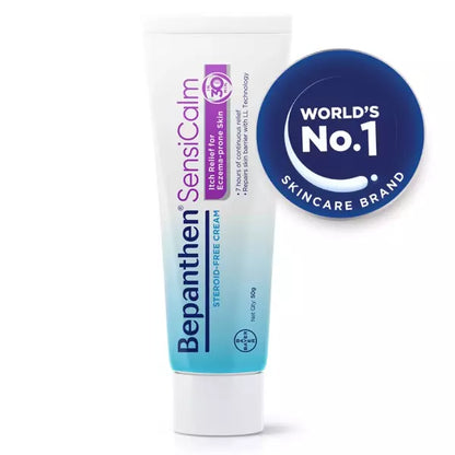 Bepanthen SensiCalm cream tube with a blue badge indicating 'World's No.1 Skincare Brand' on a white background