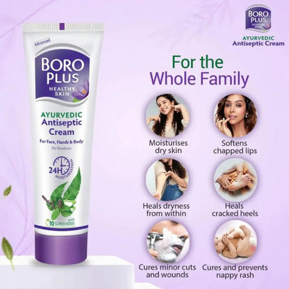 Boro Plus Ayurvedic Antiseptic Cream packaging with benefits on a purple background
