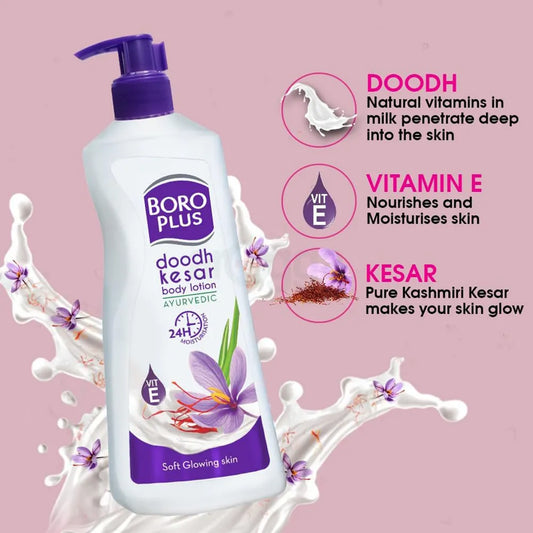 Boro Plus Doodh Kesar body lotion bottle with product features on a pink background