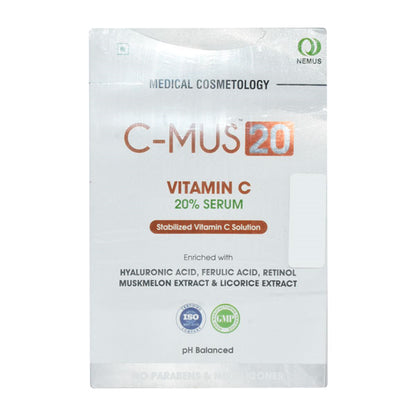 A package of C-MUS 20 Vitamin C Serum, 20ml, with text highlighting key ingredients such as Hyaluronic Acid, Ferulic Acid, Retinol, and L-Licorice Extract, and stating it is ph balanced.