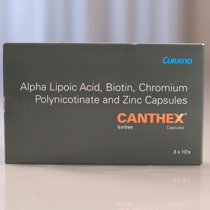 Box of CANTHEX capsules with Curatio branding on a neutral background