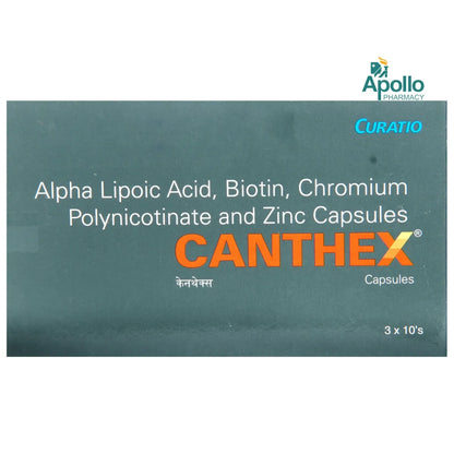 Box of CANTHEX capsules with Apollo Pharmacy branding on a white background