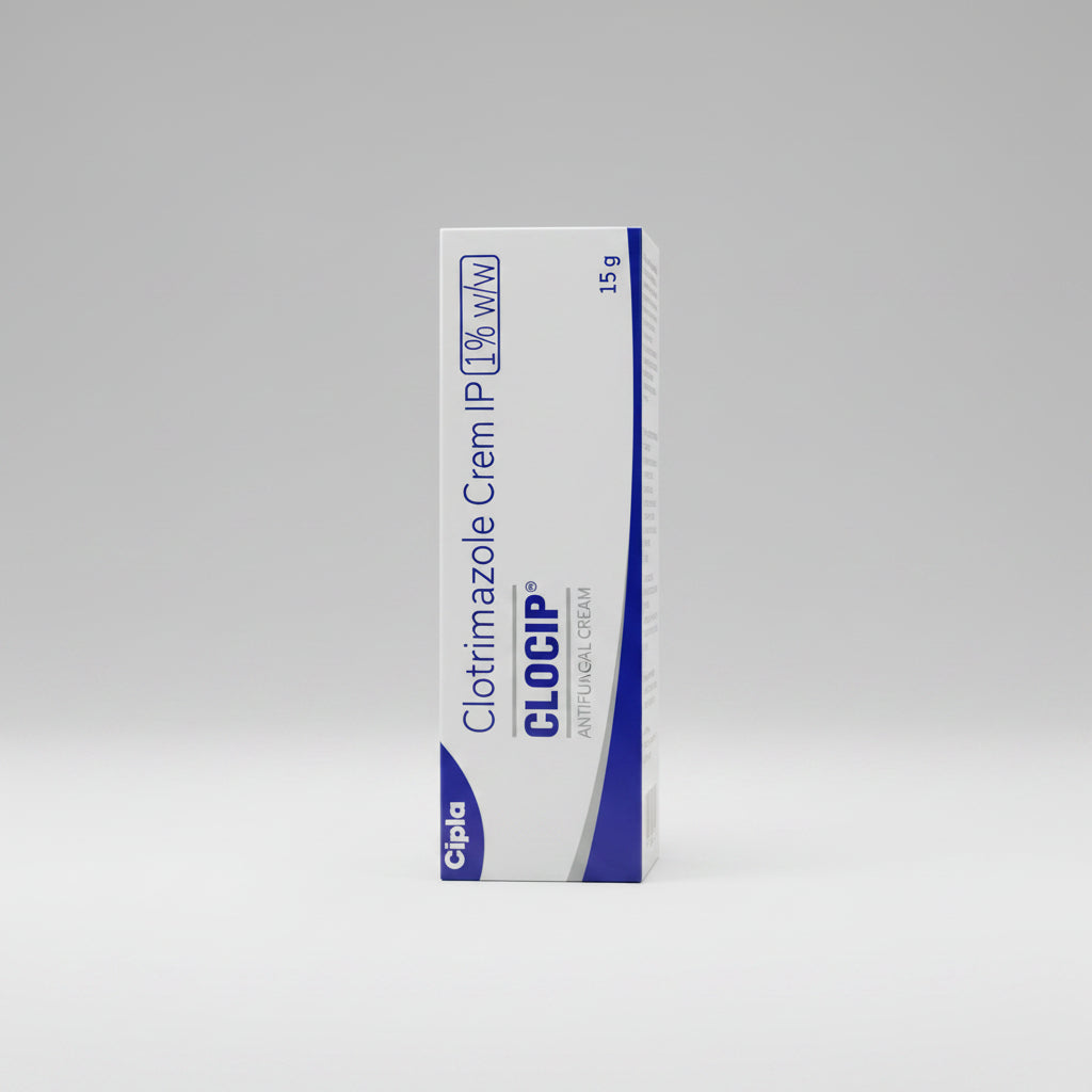 Cipla Clocip Clotrimazole Cream IP 1% w/w antifungal cream 15 g tube packaging, featuring a white and blue design.
