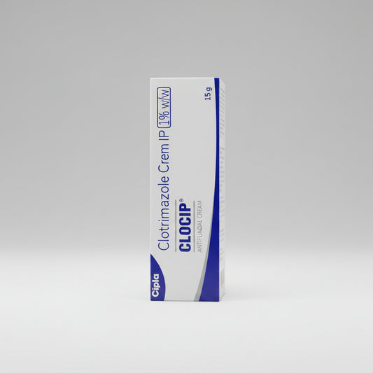 Cipla Clocip Clotrimazole Cream IP 1% w/w antifungal cream 15 g tube packaging, featuring a white and blue design.