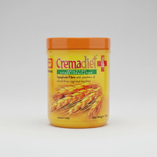 A 300g plastic tub of Cremadiet + Ispaghula Fibre, featuring a bright yellow label with an orange lid and wheat graphics.