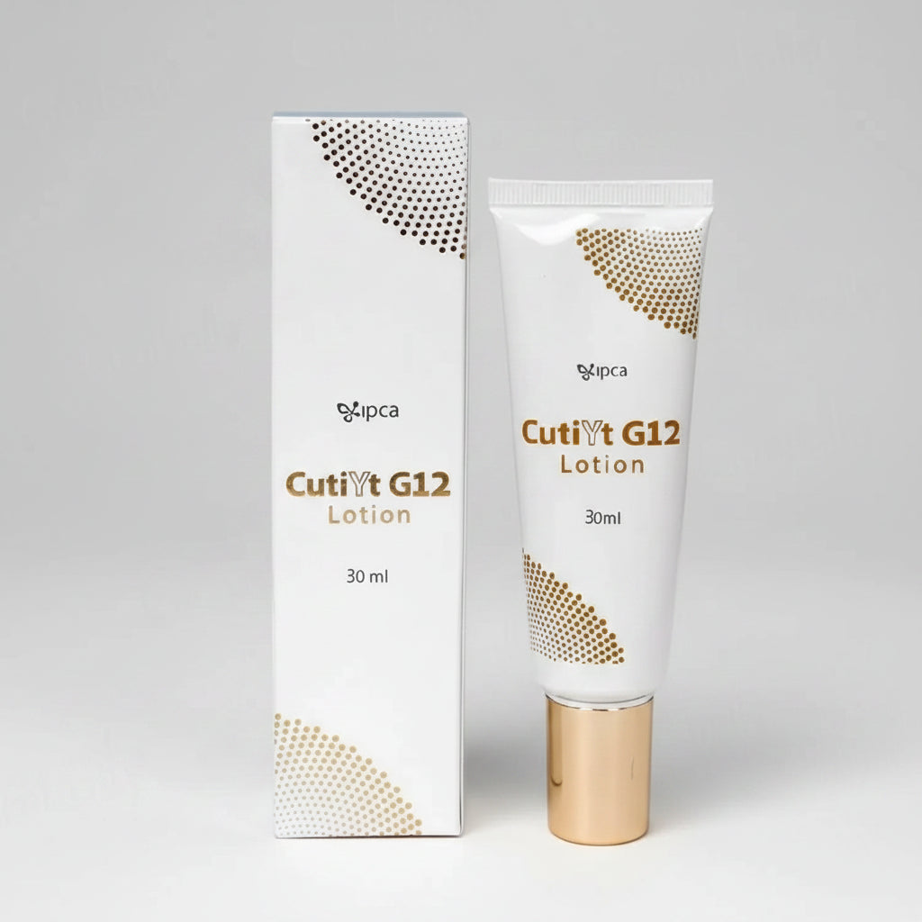 A 30ml tube of Cutiv G12 Lotion next to its matching white and gold packaging box, featuring a gold cap, on a plain white background.
