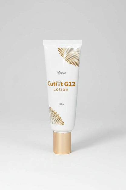 A 30ml squeeze tube of lipca Cutivt G12 Lotion, featuring a white body with gold dotted pattern accents and a metallic gold cap, set against a plain white background.