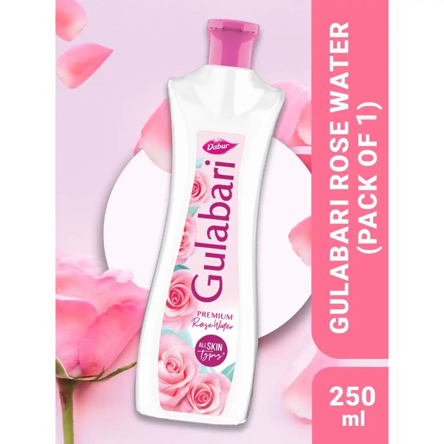 Gulabari rose water bottle with pink flowers on a light pink background