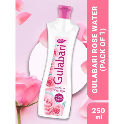 Gulabari rose water bottle with pink flowers on a light pink background