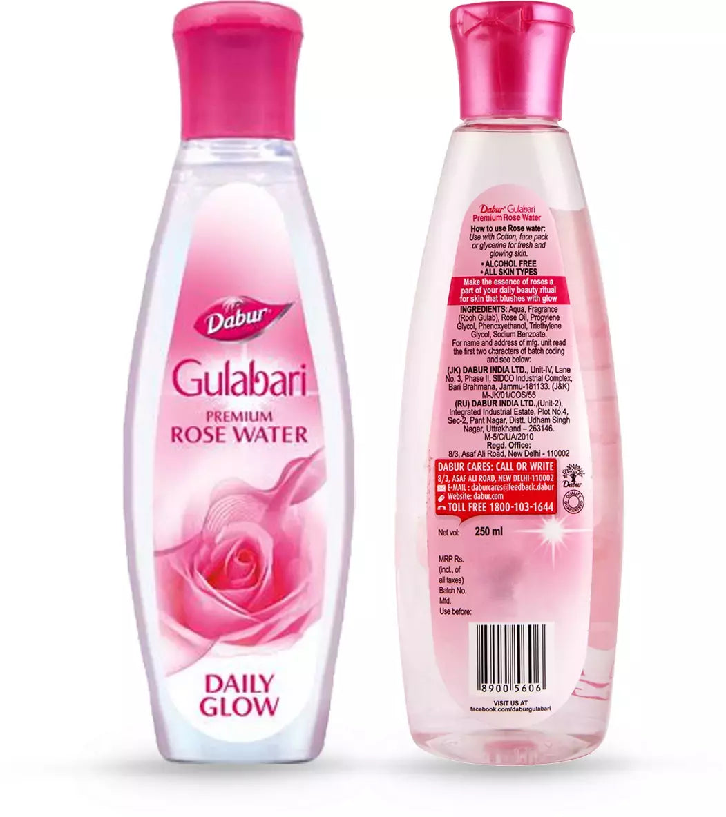 Dabur Gulabari Premium Rose Water bottle with front and back views on a white background