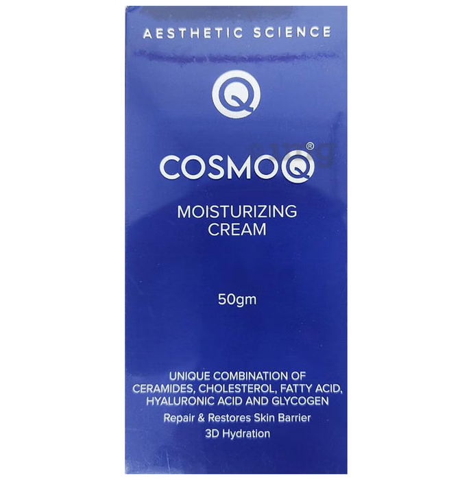 CosmoQ moisturizing cream packaging with blue background and white text.