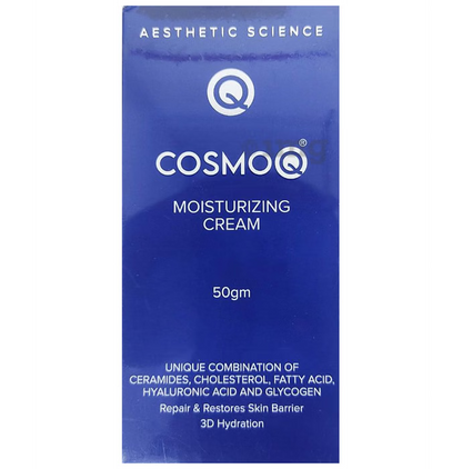 CosmoQ moisturizing cream packaging with blue background and white text.