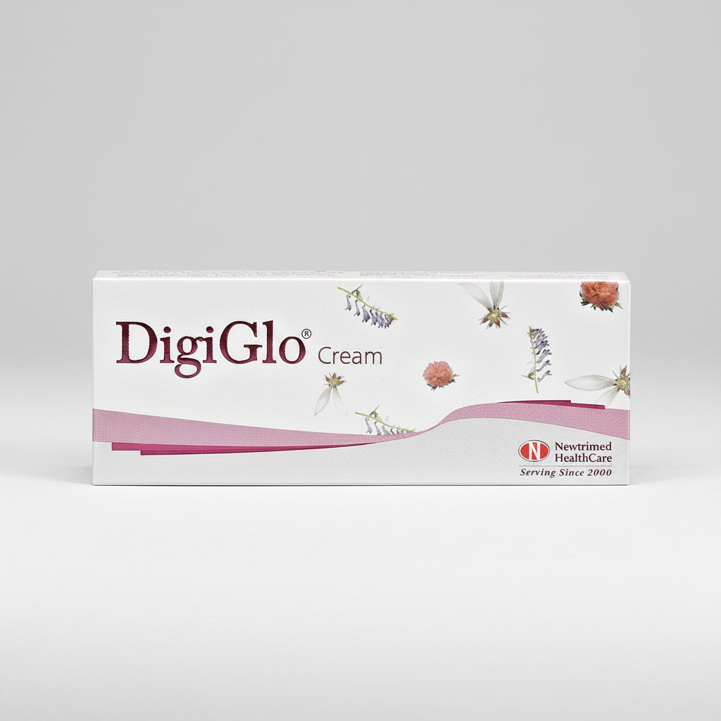 A rectangular box of DigiGlo Cream by Newtrimed HealthCare, featuring a white background with pink wavy lines and delicate botanical illustrations.