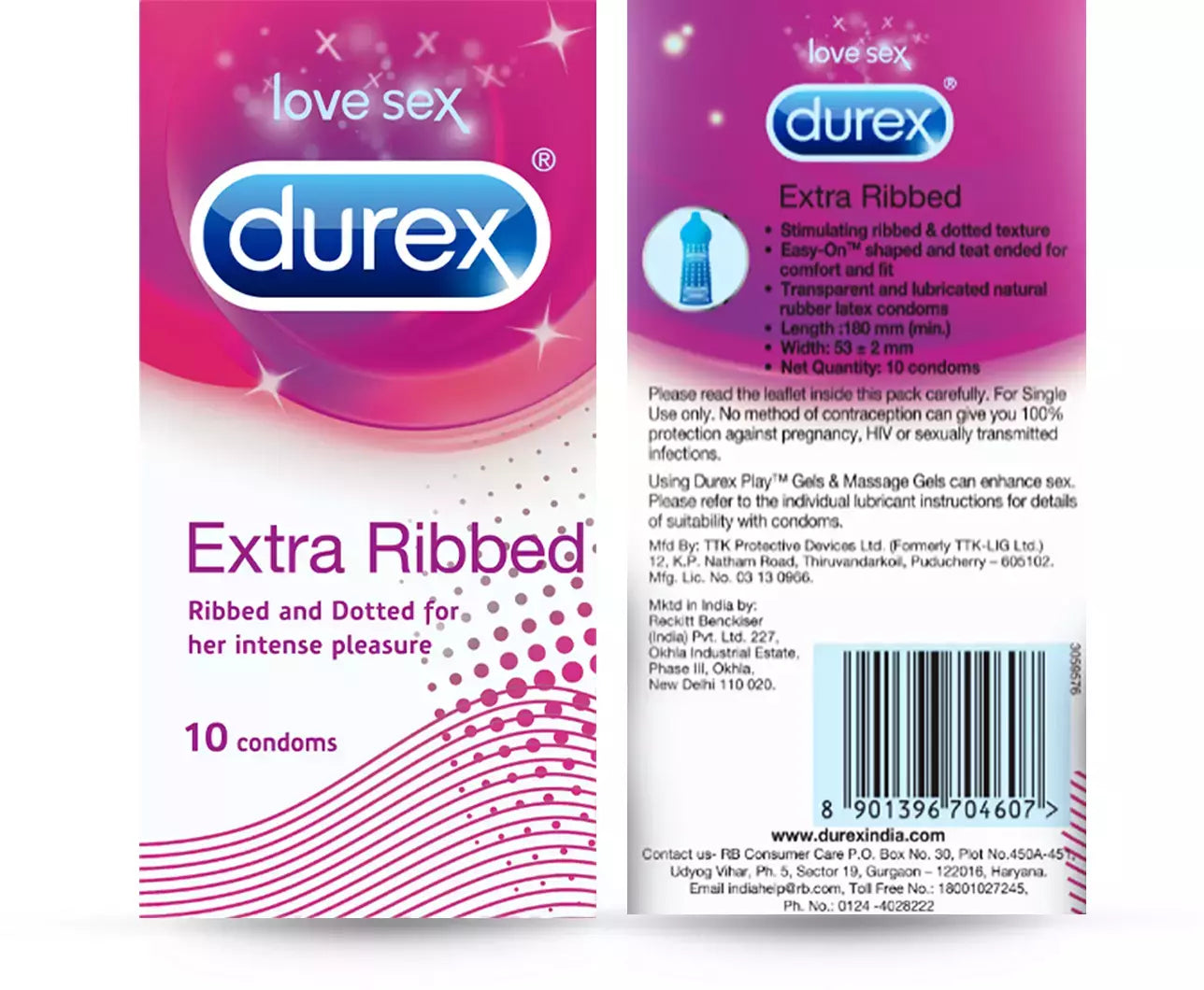Durex Extra Ribbed condom packaging on a white background