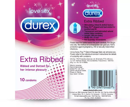 Durex Extra Ribbed condom packaging on a white background