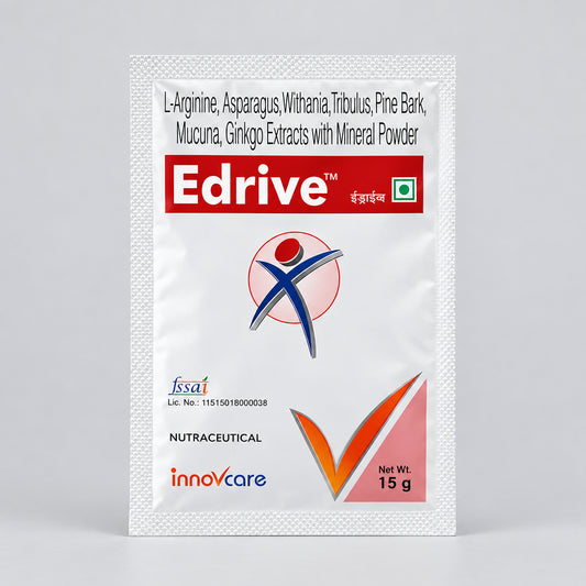 A 15g foil packet of Edrive Nutracetical powder, featuring a white background with a red brand banner, a stylized blue and red logo, and text detailing the herbal ingredients.