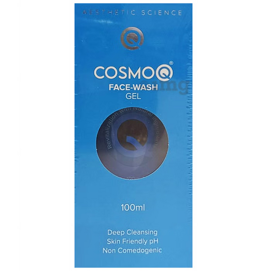 CosmoQ Face-Wash Gel packaging with blue background and white text