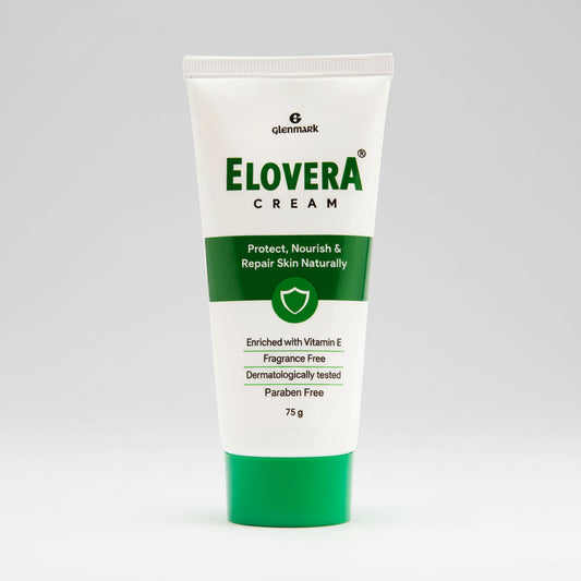 A 75g squeeze tube of Glenmark Elovera Cream, featuring a white body with green and black text and a green cap, set against a plain white background.