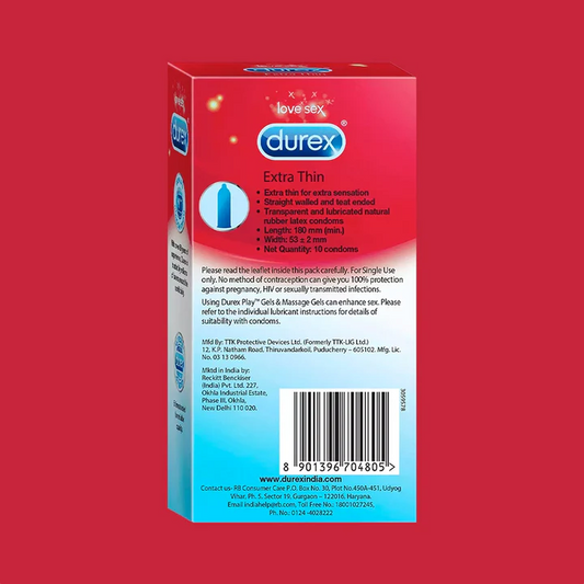 Durex Extra Thin condoms packaging on a red background