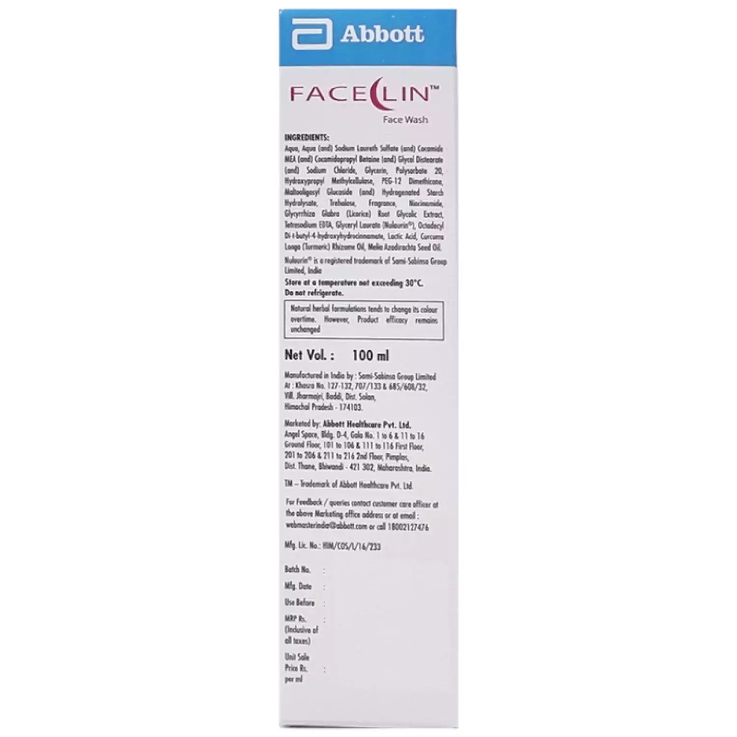Facellin face wash packaging with Abbott logo on a white background