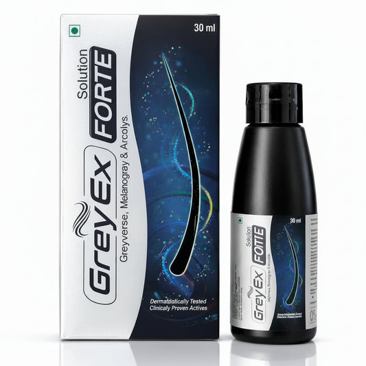 GreyEx Forte hair regrowth solution shown with its retail box and a 30 ml black bottle on a white background.