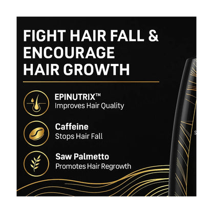 A black promotional graphic for a hair care product with white and gold text reading 'FIGHT HAIR FALL & ENCOURAGE HAIR GROWTH' and three feature callouts: Epinutrix improves hair quality, caffeine stops hair fall, and saw palmetto promotes hair regrowth. Part of a black bottle with gold detailing is visible on the right edge.