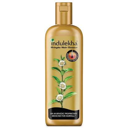 Indulekha hair cleanser bottle with gold cap and label on a white background