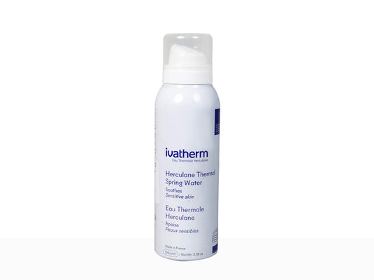 A bottle of Ivatherm Herculane Thermal Spring Water, 100ml, with white packaging and blue text.
