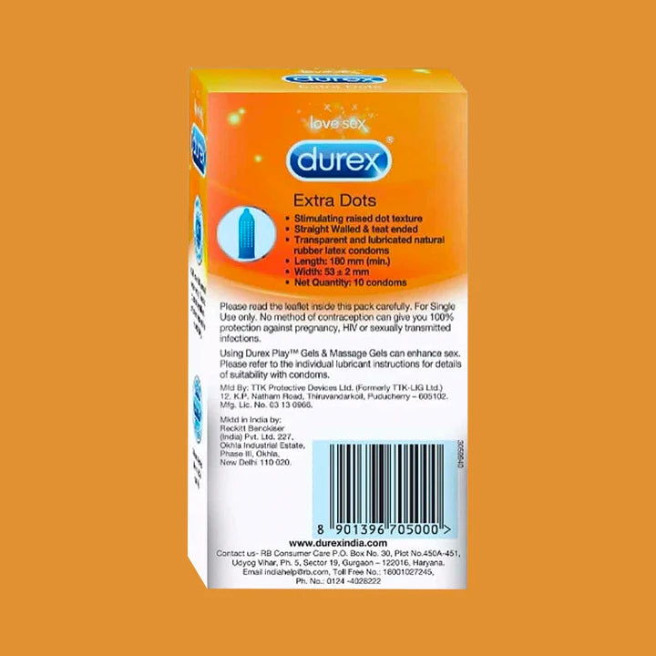 Durex Extra Dots packaging on an orange background