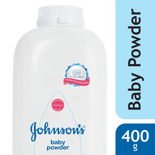 Johnson's baby powder bottle with label on a white background