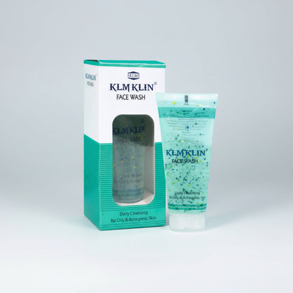 KLM KLIN face wash packaging including a tube and box on a white background