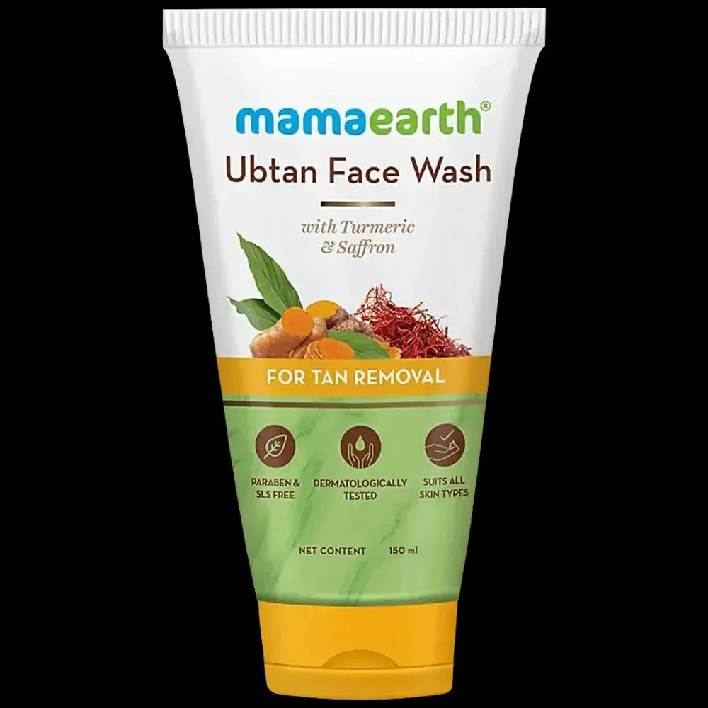 Mamaearth Ubtan Face Wash tube with ingredients on a white background