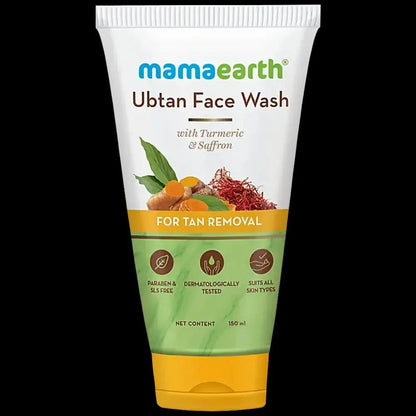 Mamaearth Ubtan Face Wash tube with ingredients on a white background